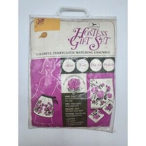 NEW Vintage Hostess Gift Set Terry Cloth Rooster Apron Towel Dish Cloth Pot Hold